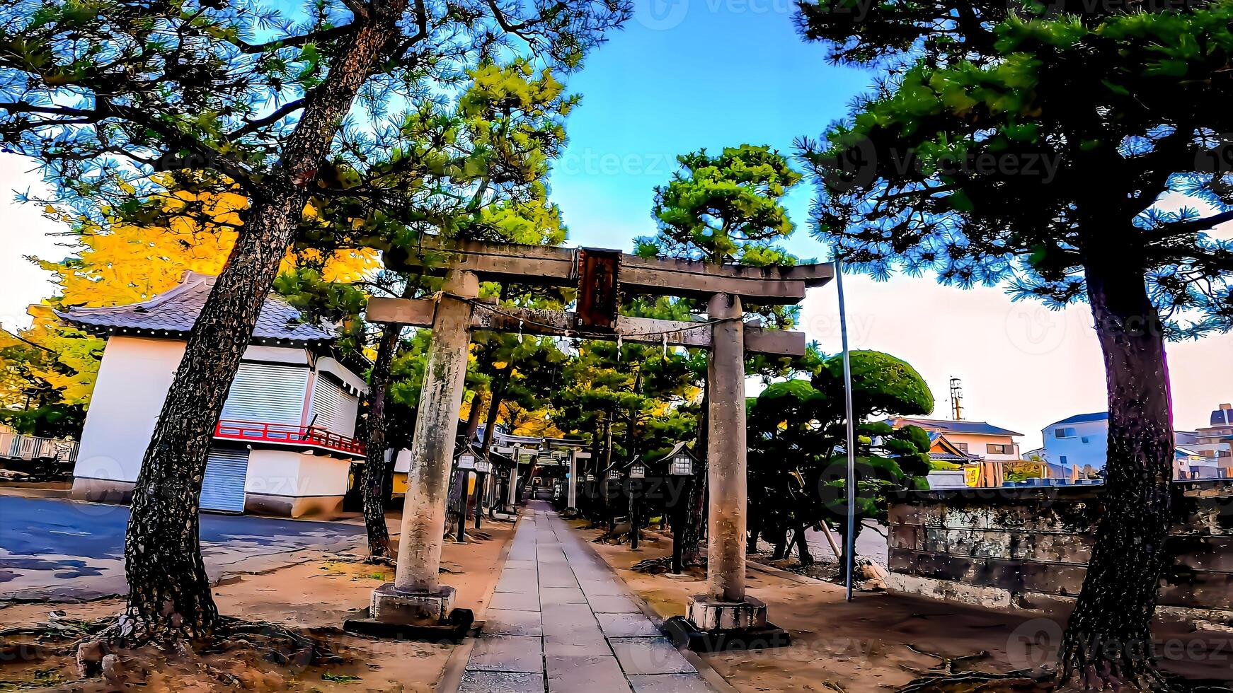Shrine torii gate and approach.Hokima Hikawa Shrine, a shrine in Nishihokima, Adachi Ward, Tokyo, Japan. photo