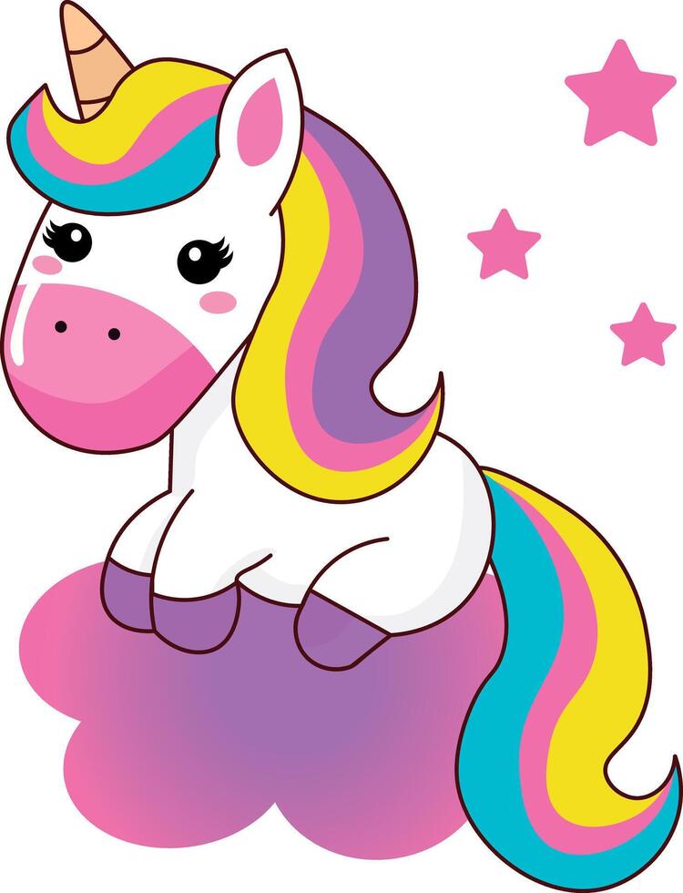 Cute unicorn sitting on a cloud with stars vector