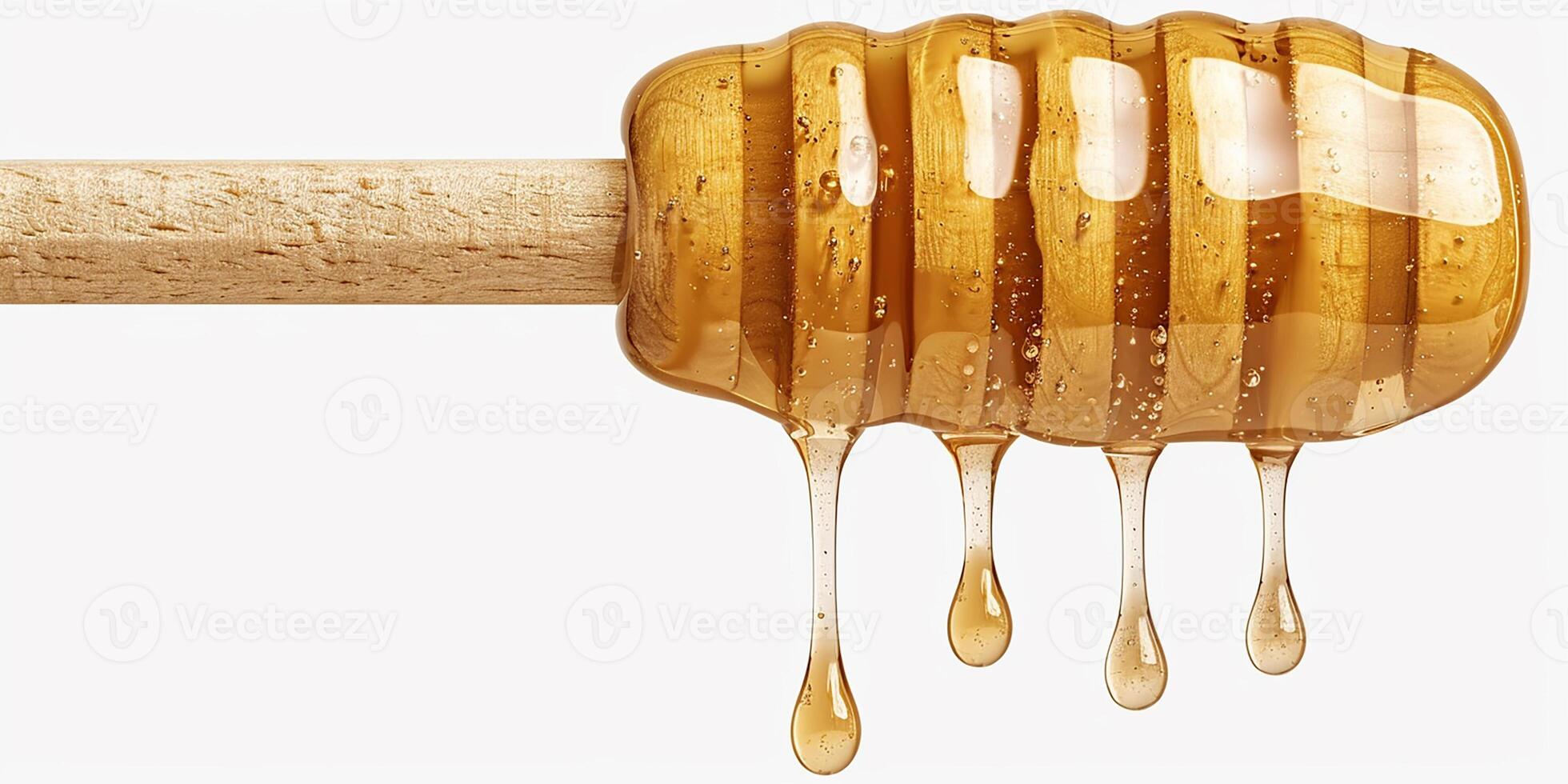 Thick honey dripping from a wooden honey spoon on a white background. Healthy eating and diet concept photo