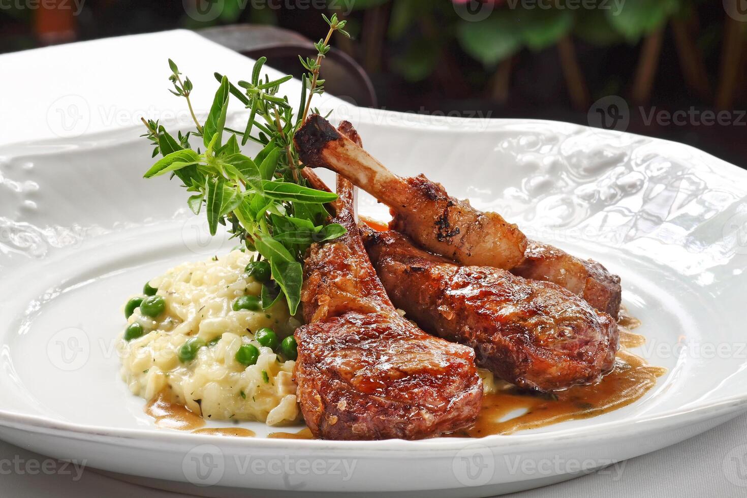 rack of lamb with risotto on plate photo