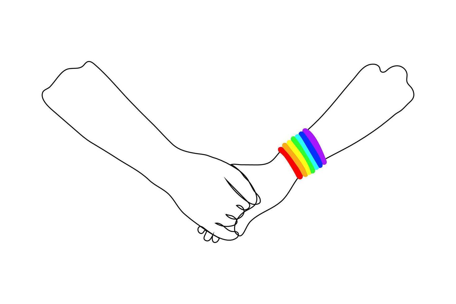 two people holding hands with bracelets LGBT flag symbol - one line drawing . concept homosexual couple hands closeup vector