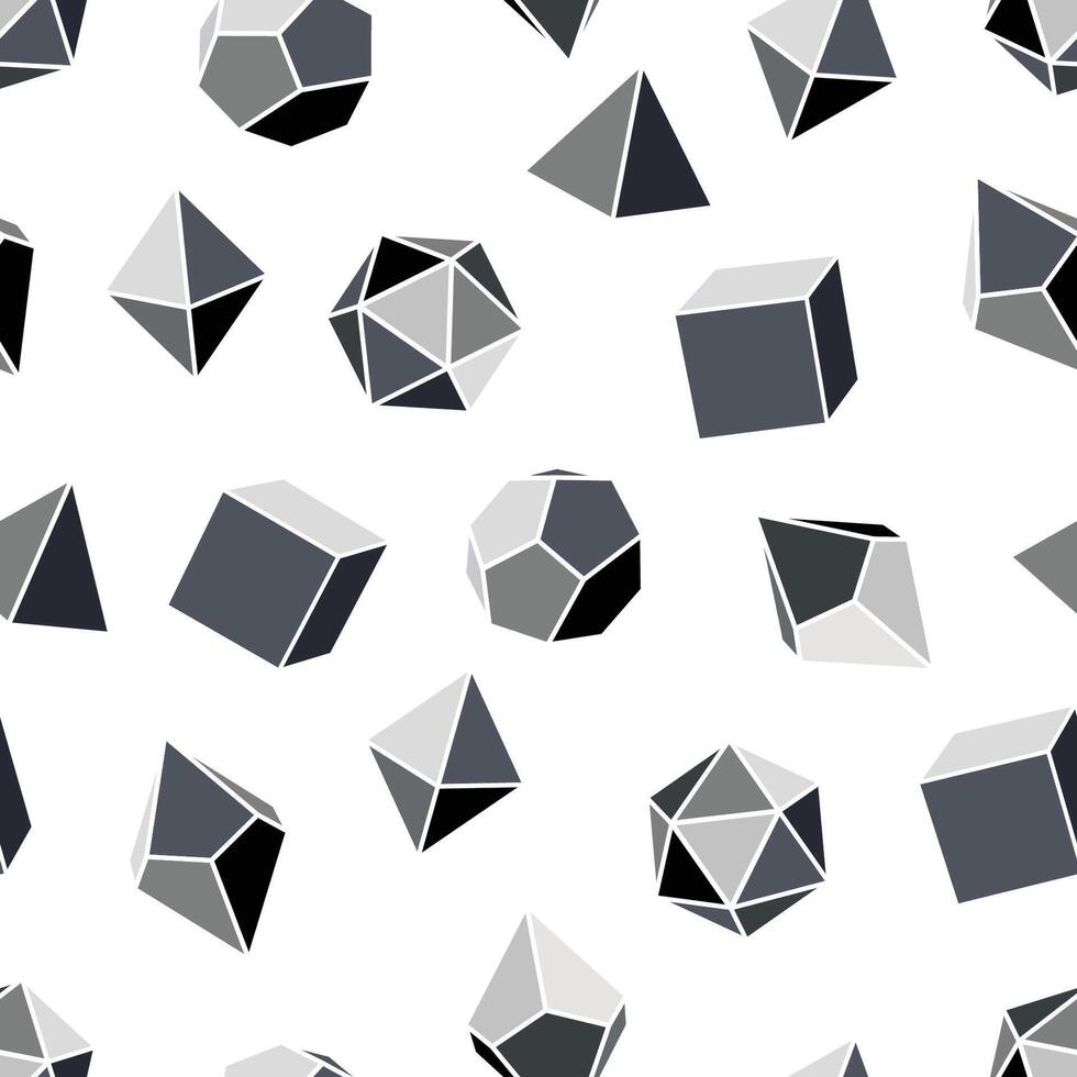 Seamless pattern of grayscale dice for DND role playing games with four, six, eight, twelve and twenty sides. Dice for the game Dungeons and Dragons in grayscale on white background. vector