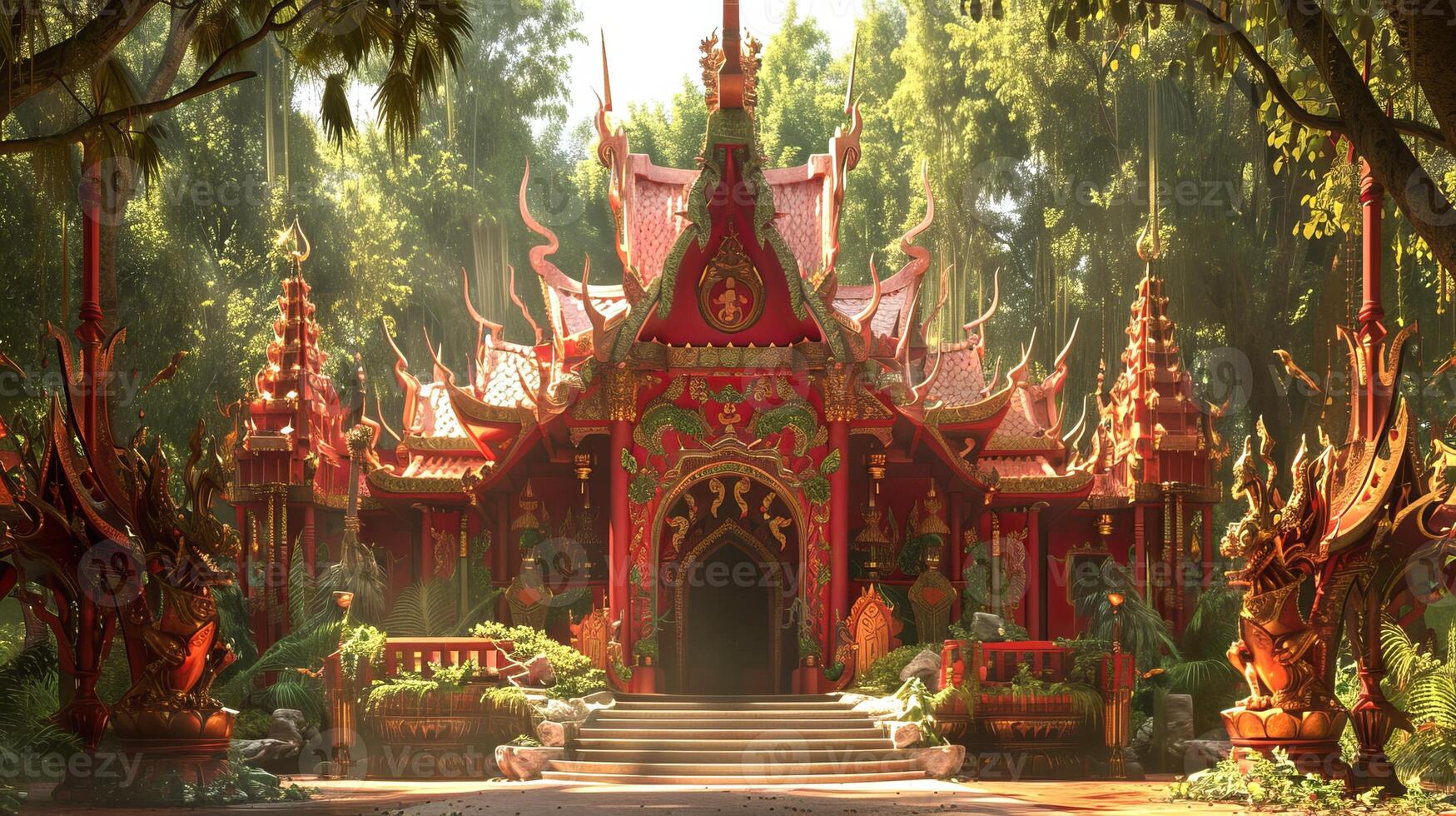 Thai Buddhist temple with ornate golden decorations in a lush garden. Concept of Thai culture, religious architecture, and monastic life photo