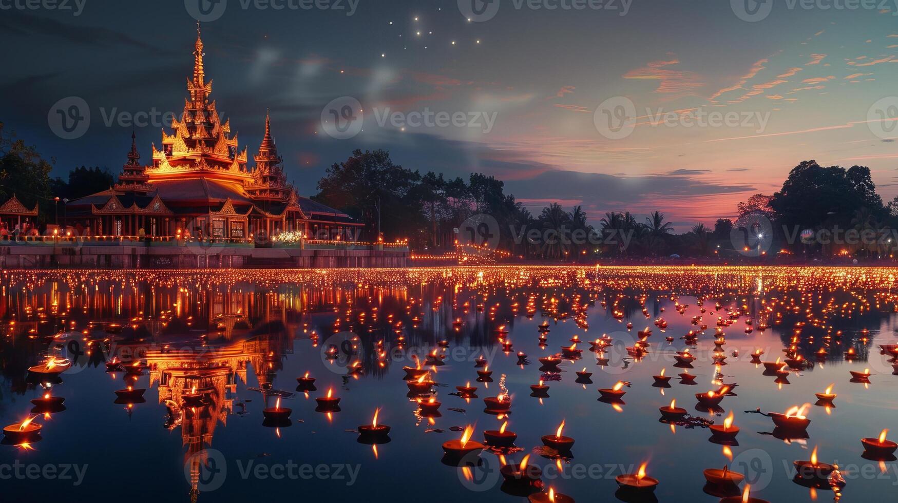 A panoramic view of a Buddhist temple lit by thousands of candles during Visakha Bucha Day at dusk, reflections on a nearby water body, devotees in deep meditation photo