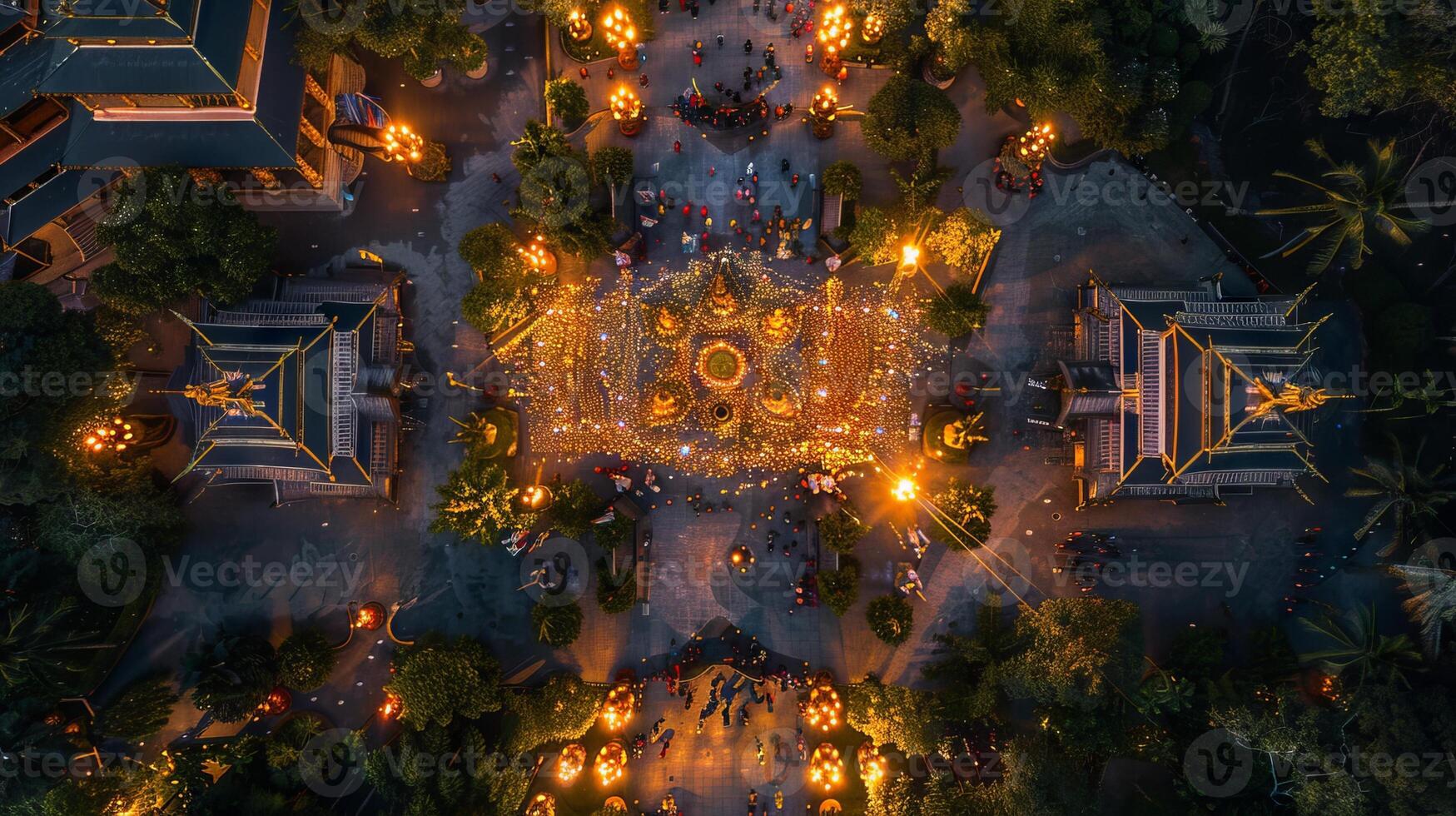 A top view of a large Buddhist temple ground during Visakha Bucha Day, crowds of devotees moving in a candlelit procession, intricate patterns of lights on the floor, surrounding greenery. photo