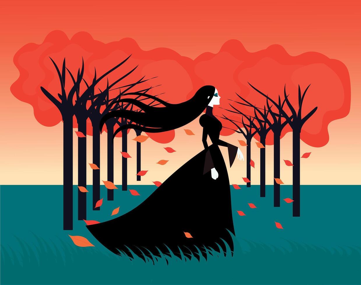 Beautiful and elegant gothic woman, hair in the wind, on an autumn afternoon, with leaves flying vector