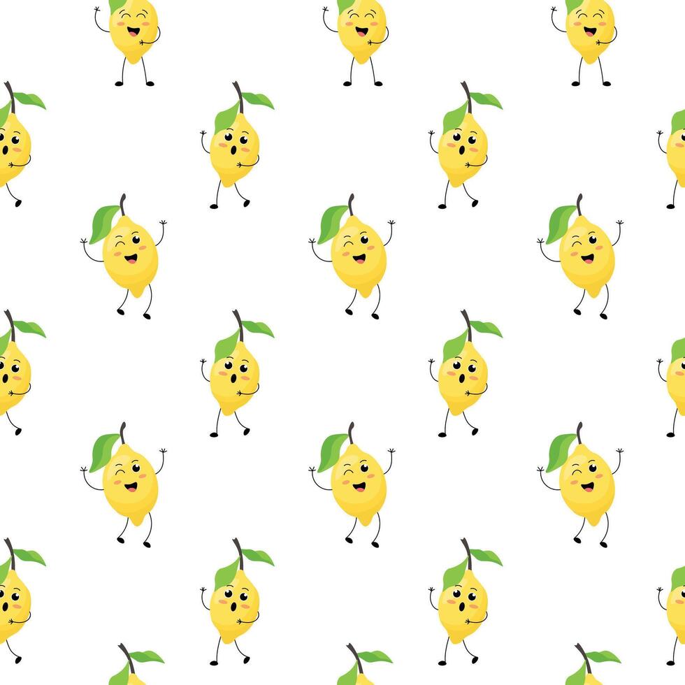 Seamless pattern with kawaii lemons on a white background. vector