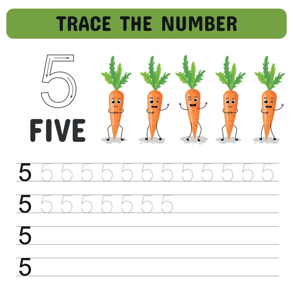 Trace the number 5. Learning the number with sweet vegetables. Printable sheet. Kindergarten flashcards with numbers, learning and spelling numbers . illustration vector