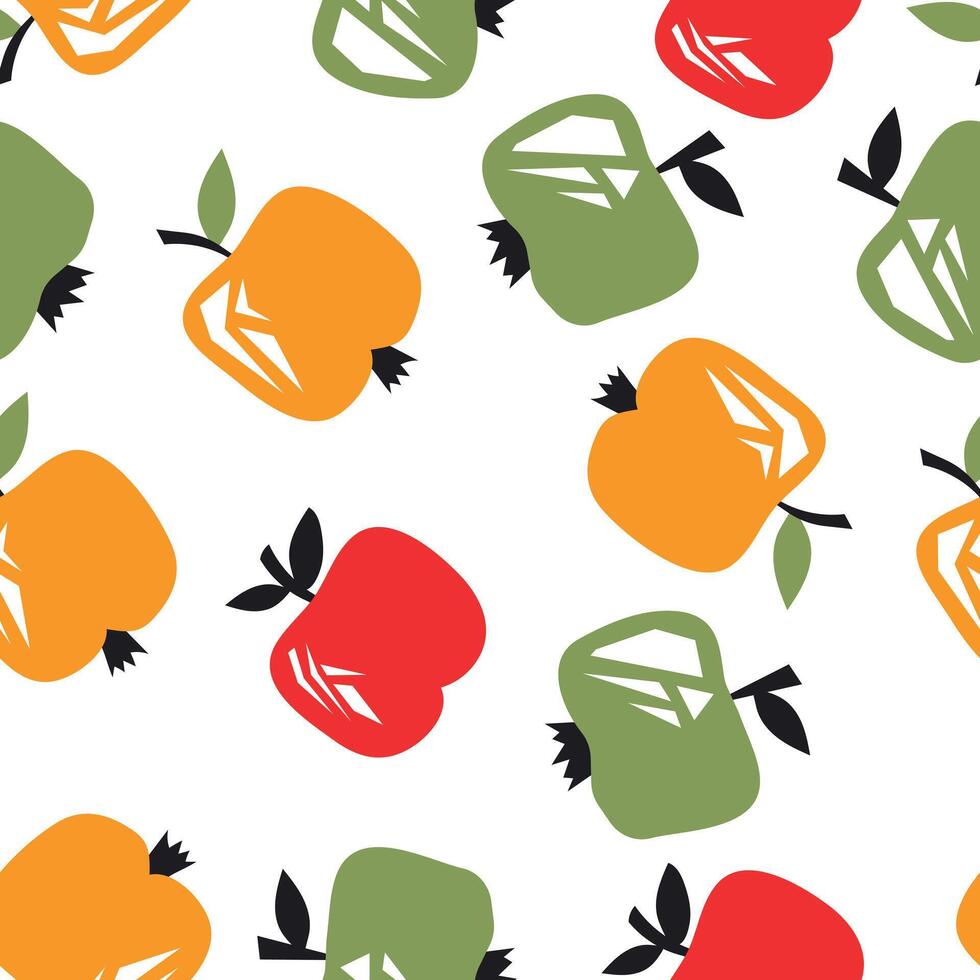Seamless pattern of abstract red, yellow, green apples on a white background. Retro style tiling background, poster, textile, greeting card design. vector