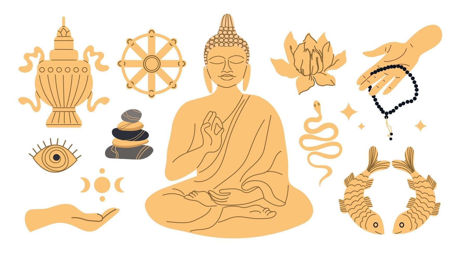 Symbols of Thai Theravada Buddhism. Set of Buddhism elements for decoration, print, poster, banner. Illustration on a white background. vector