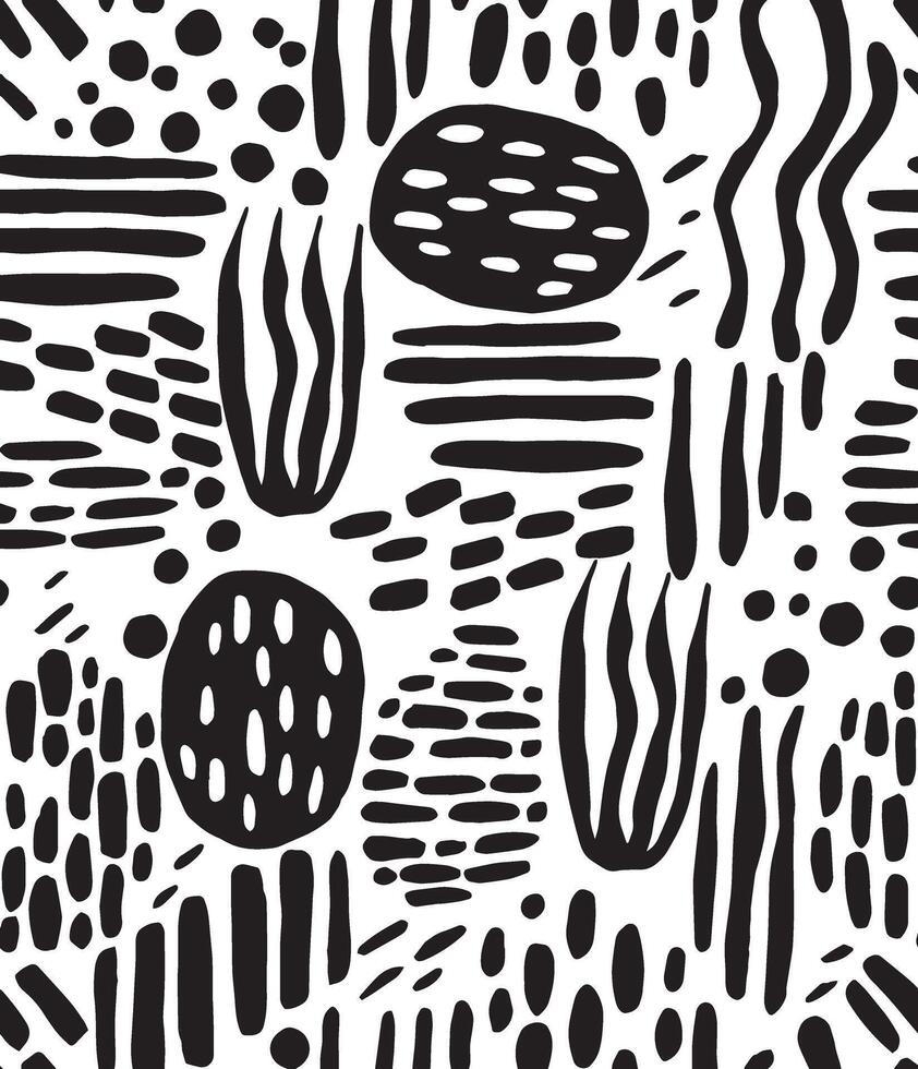 abstract seamless pattern in doodle style. black and white print with abstract lines and spots vector