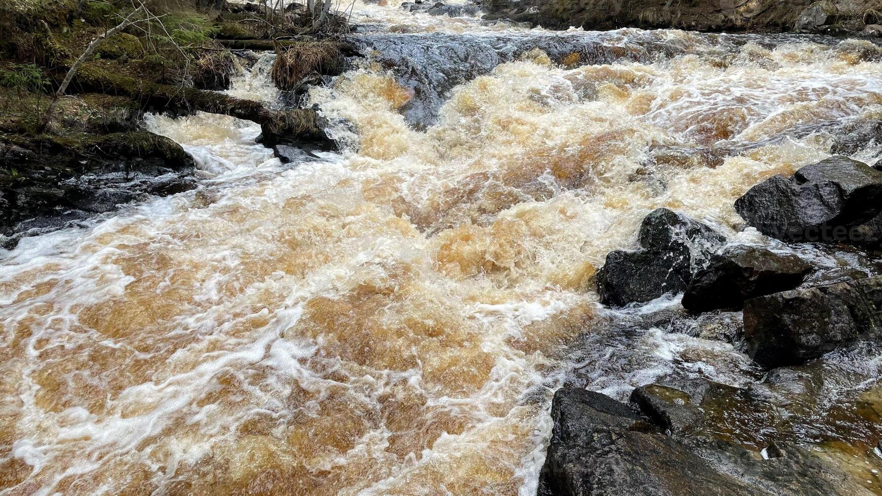 Close up of river stream on stones. Aerial view of the waves and rapids of the wild river. abstract nature background photo