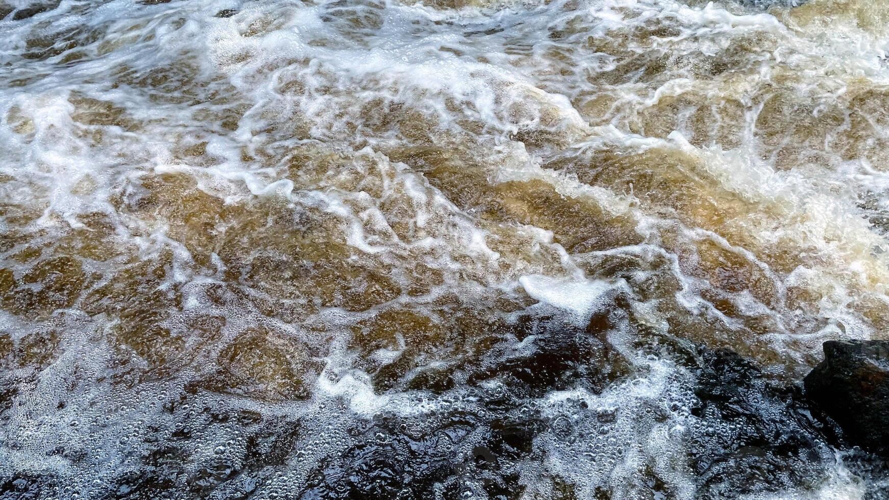 Aerial view of the waves and rapids of the wild river. abstract nature background. surface of water with white foam. horizontal photography photo