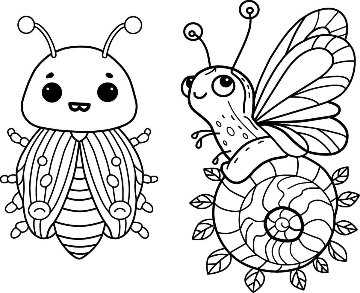 Cute bugs coloring page for kids. Snail and funny beetle. illustration of black lines. vector