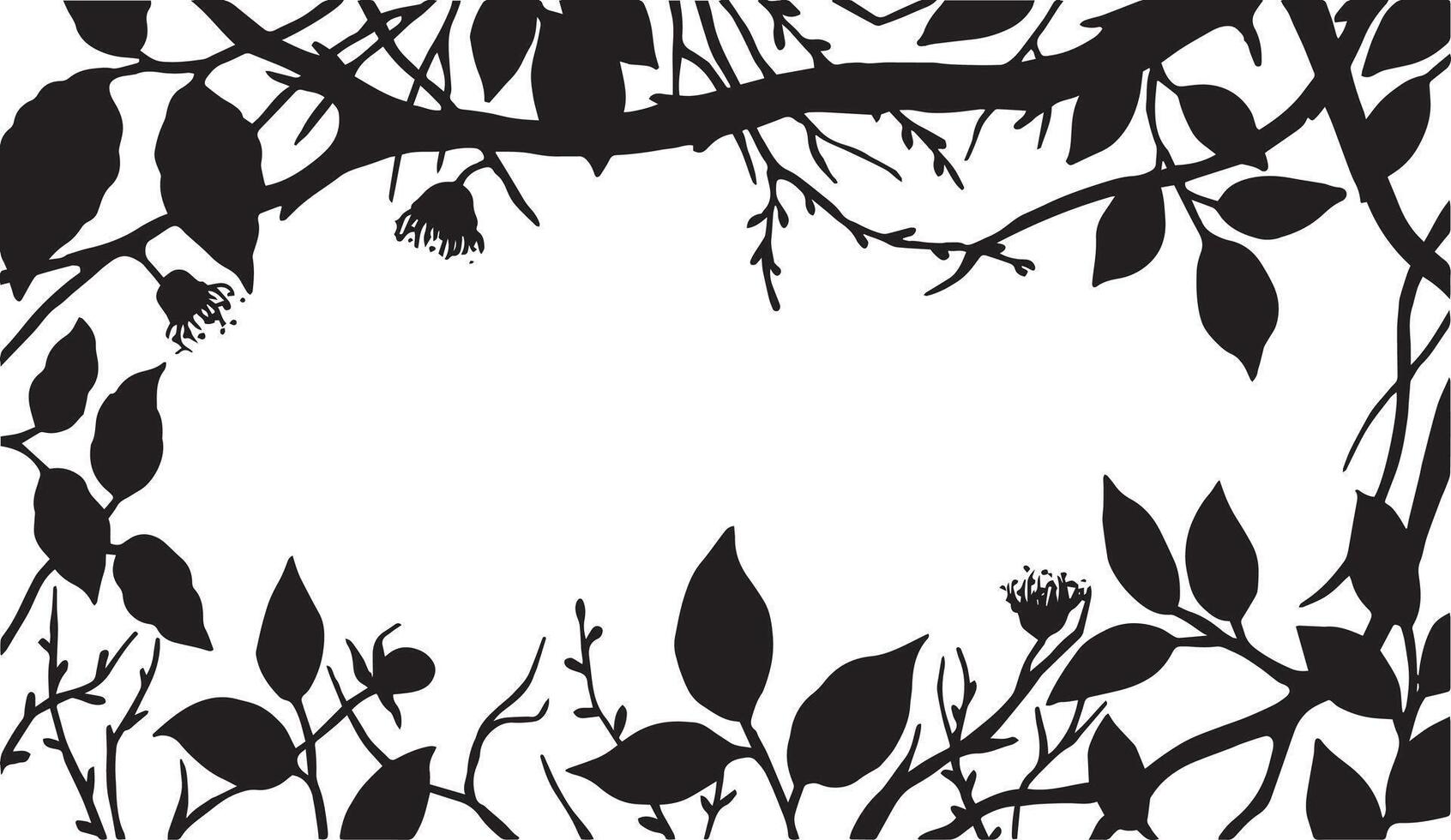 rectangular frame made of tree branches and leaves. black and white outline vector