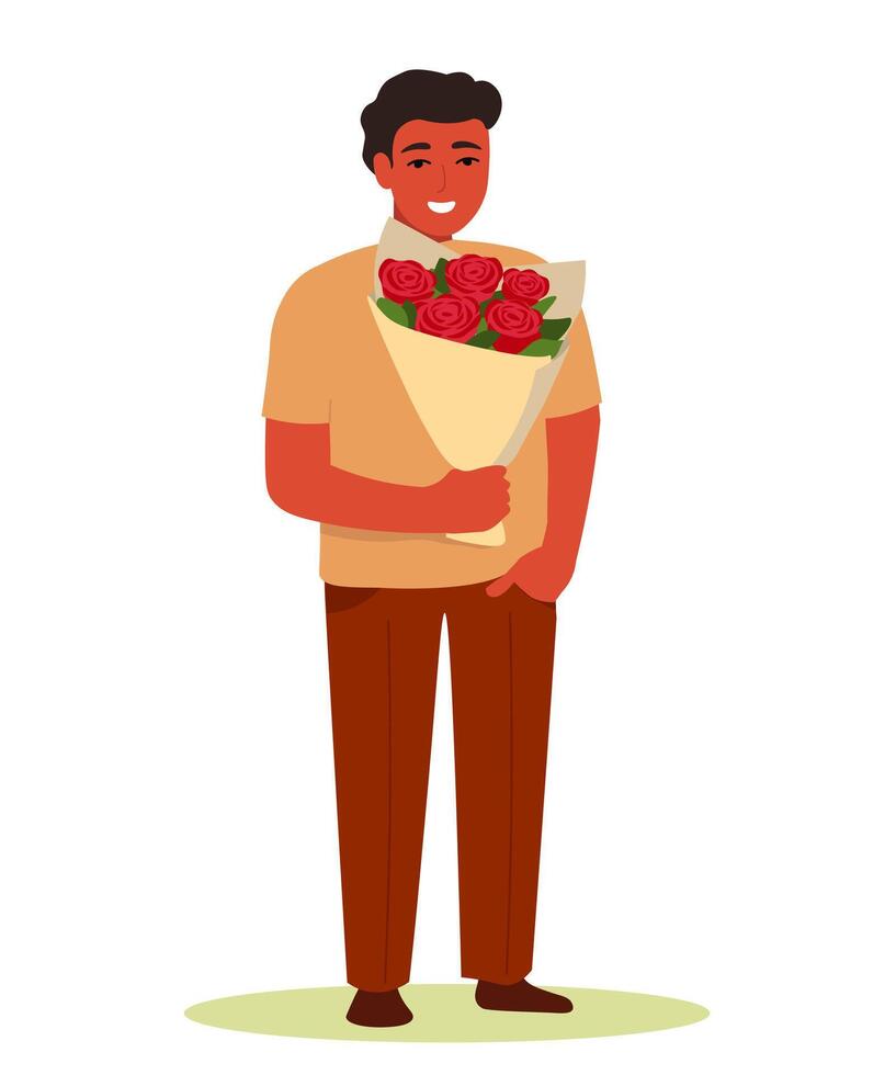 Full length guy with a bouquet in his hands. A man with a gift, a surprise of flowers. Congratulations on the holiday. vector