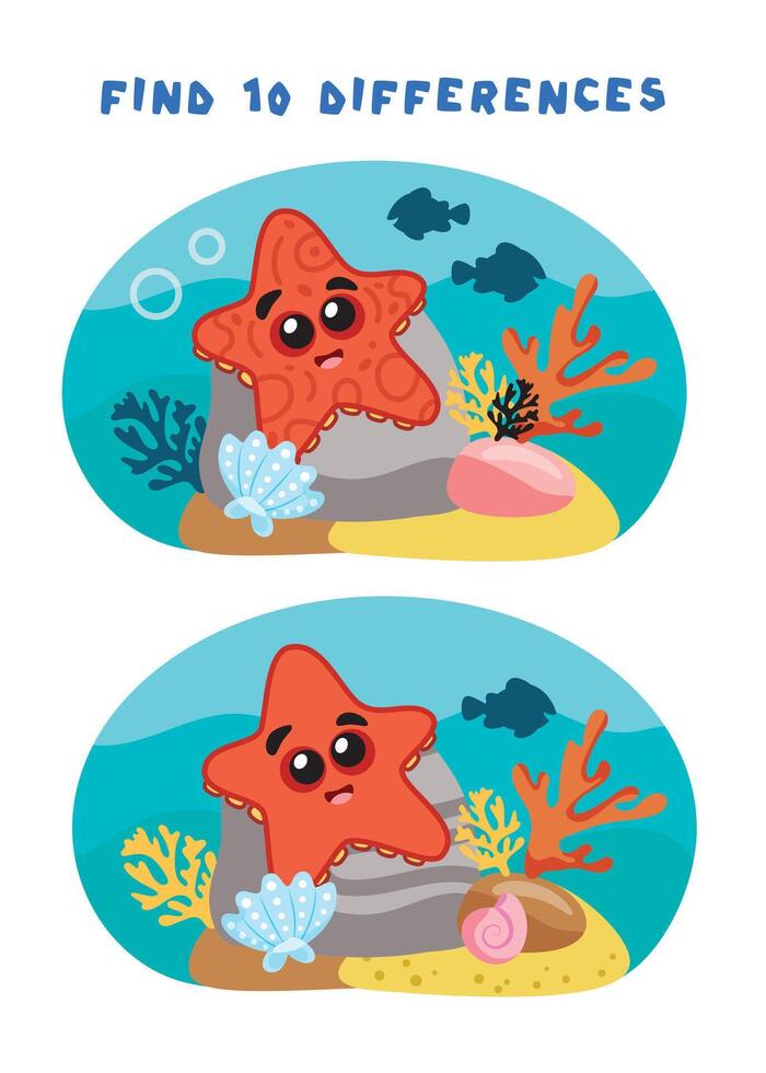 Mini-games for children. preschoolers. Find 10 differences. images with a starfish. Logical tasks for preschoolers. Games 3-4 years. vector