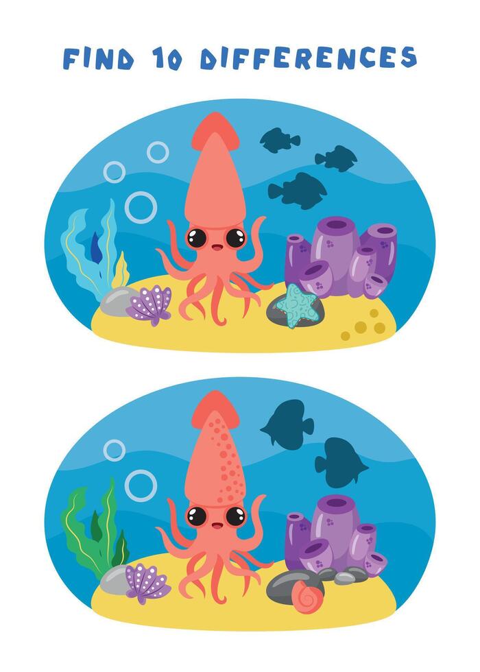 Mini-games for children. preschoolers. Find 10 differences. Picture with squid. Logic tasks for preschoolers. Games 3-4 years old. vector