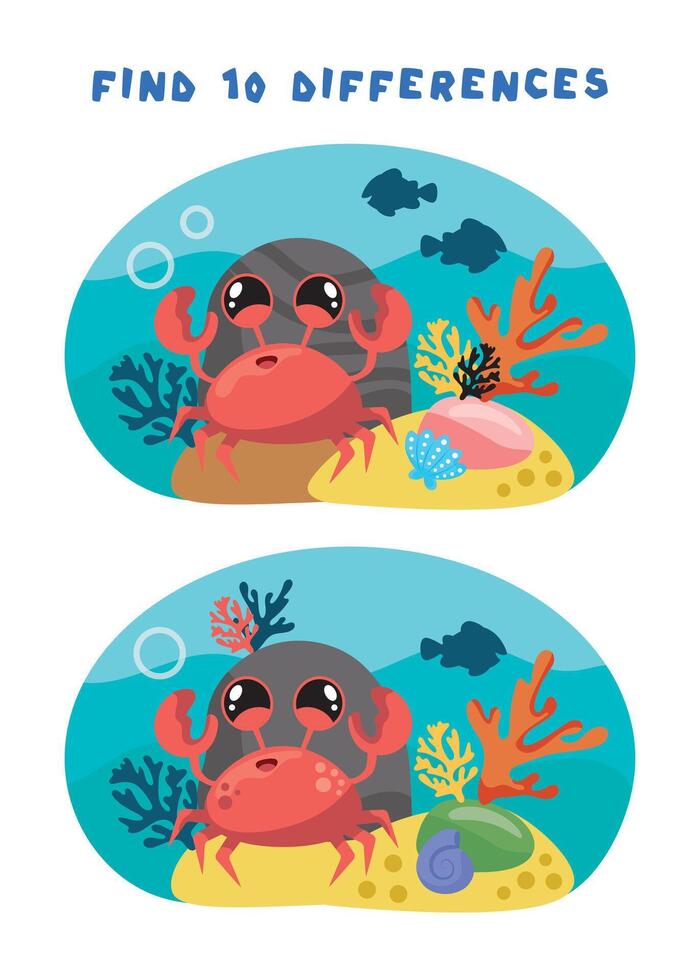 Mini games for kids. preschoolers. Find 10 differences. Picture with a sea crab. Logic tasks for preschoolers. Games 3-4 years old. vector