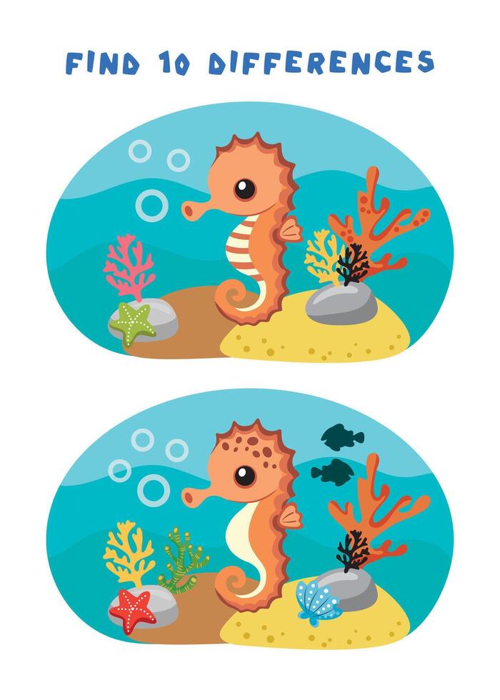 Mini-games for children. preschoolers. Find 10 differences. Picture with seahorse. Logical tasks for preschoolers. Games 3-4 years. vector