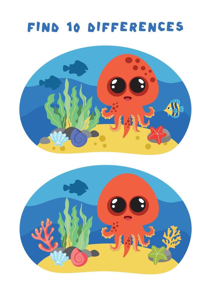 Mini-games for children. preschoolers. Find 10 differences. image with the sea octopus. Logical tasks for preschoolers. Games 3-4 years. vector