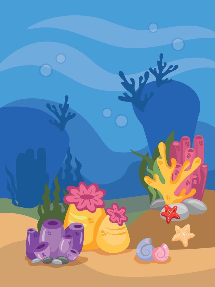 Underwater world scene, ocean floor marine life background. Undersea with corals and seaweed, sea bottom, seabed, illustration vector