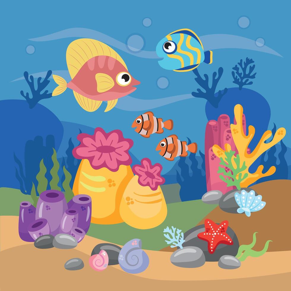 Underwater world scene, ocean floor marine life background. Undersea with corals and seaweed, sea bottom, seabed, illustration vector