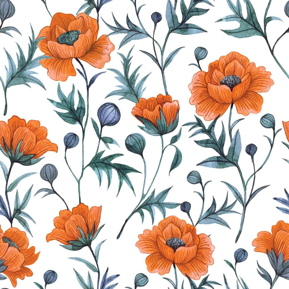 pattern with orange poppies on a white background. watercolor seamless print with wildflowers vector
