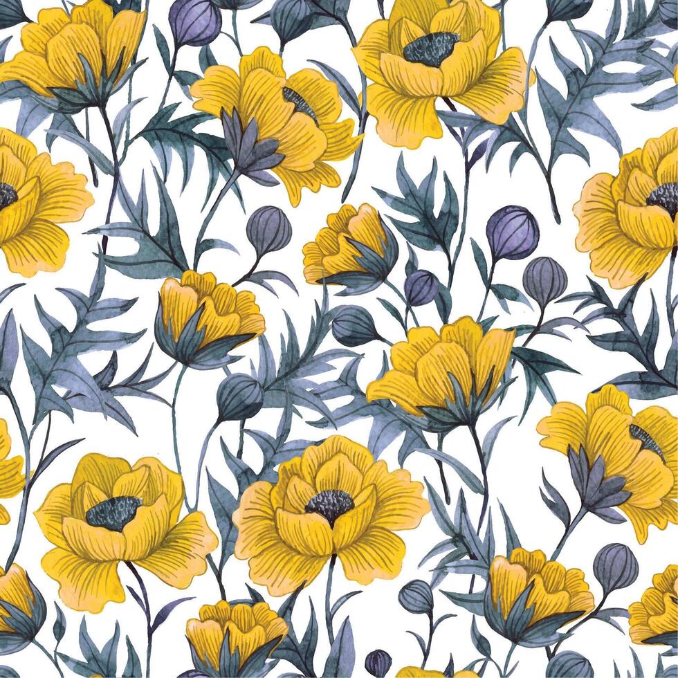 pattern with yellow poppies on a white background. watercolor seamless print with wildflowers vector