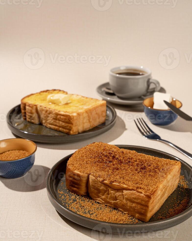 Roti Bakar is a typical grilled Indonesian sandwich, consisting of two slices of bread and filling, suitable to be served with Americano coffee. photo