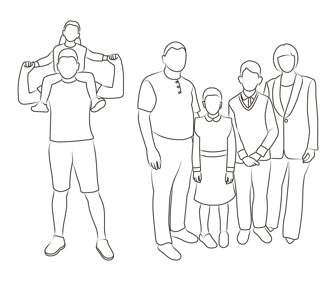 Complete and happy family sketch. Flat graphic illustrations isolated on white background vector