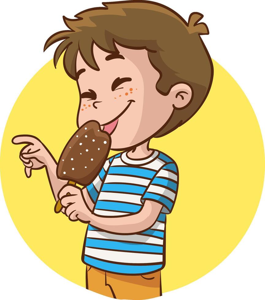 illustration of cute boy eating ice cream in waffle cone vector
