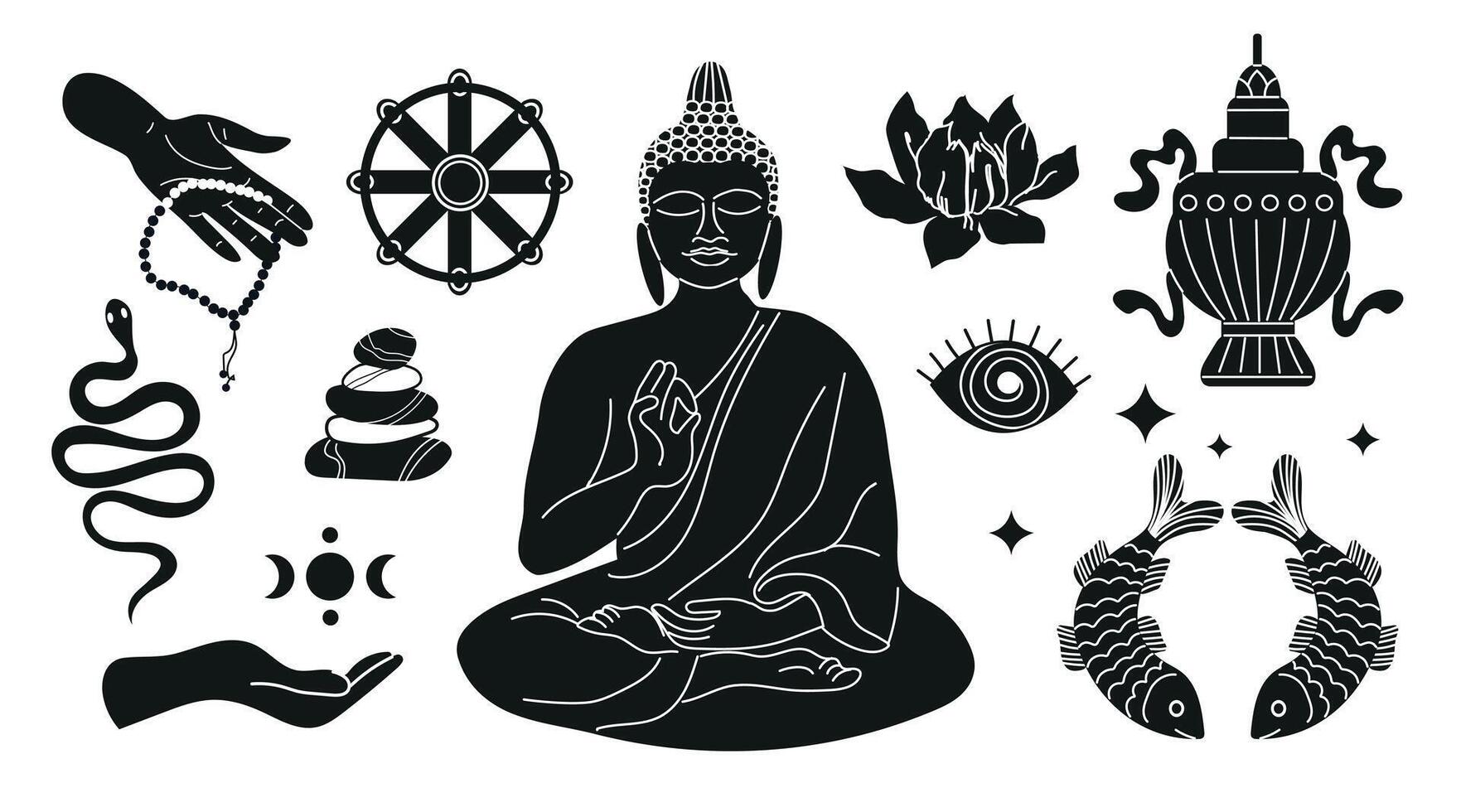 Symbols of Thai Theravada Buddhism. Black and white set. Set of Buddhism elements for decoration, print, poster, banner. Illustration on a white background. vector