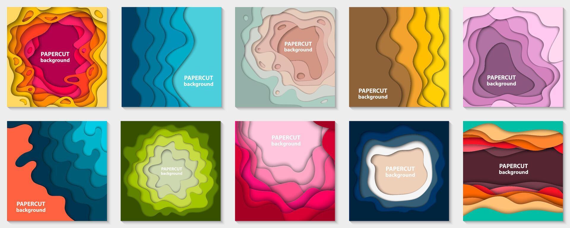 Collection of 10 backgrounds with colorful paper cut shapes. 3D abstract paper art style, design layout for business presentations, flyers, posters, prints, decoration, cards, brochure vector