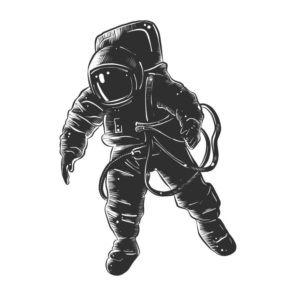 engraved style illustration for posters, decoration and print. Hand drawn sketch of astronaut in monochrome isolated on white background. Detailed vintage woodcut style drawing. vector