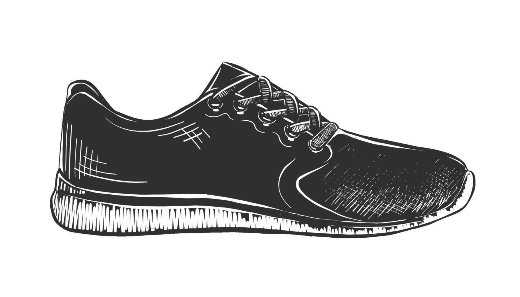engraved style illustration for posters, decoration and print. Hand drawn sketch of sneaker in monochrome isolated on white background. Detailed vintage woodcut style drawing. vector