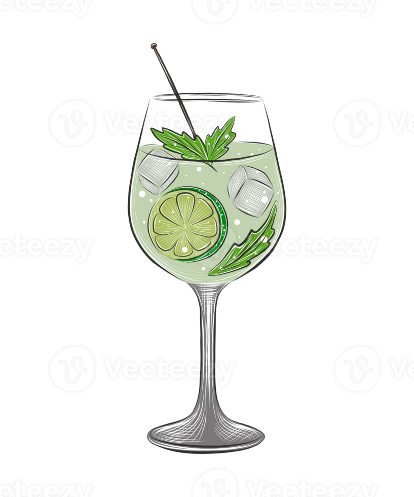engraved style Hugo alcoholic cocktail with ice cubes, splashes illustration for posters, decoration, menu and logo. Hand drawn sketch of drink, beverage png