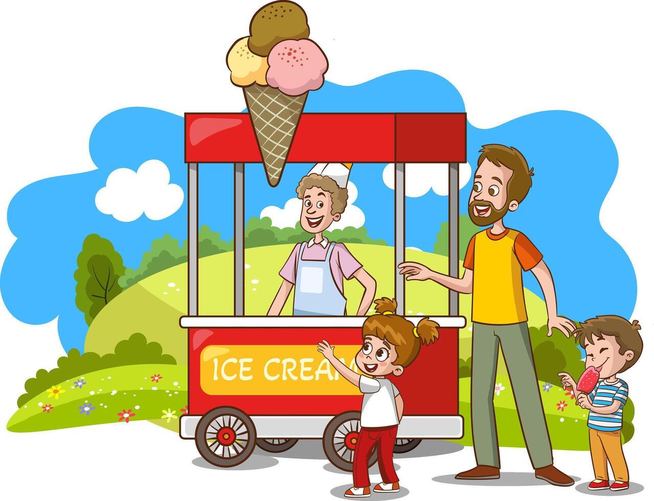 Families buying ice cream in the park buy the ice cream sold on the truck vector