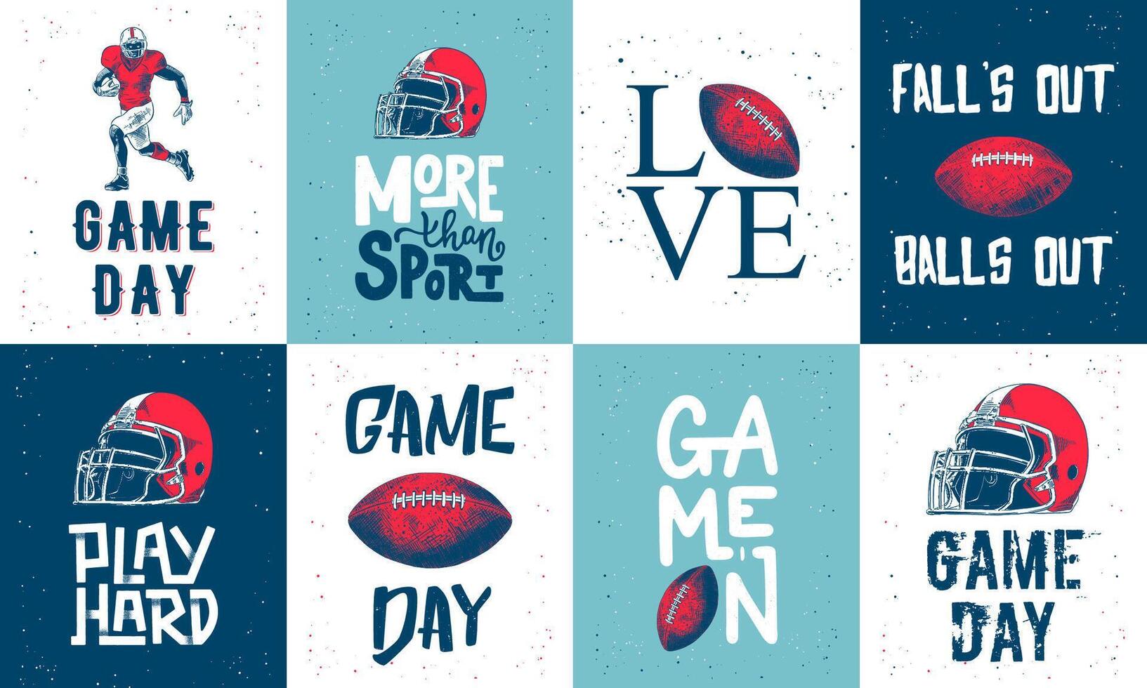Set of engraved style posters, decoration and print. Hand drawn sketches of american football with modern typography and lettering. Detailed vintage etching style drawing. vector