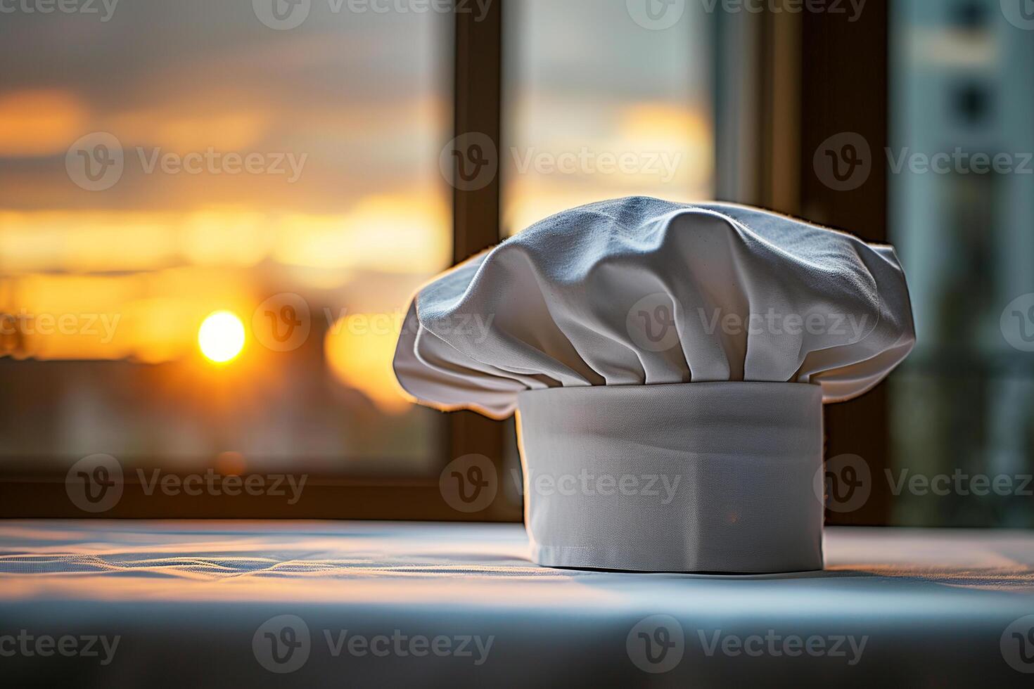 Chef hat on table in kitchen. Baker sign on sunset in window background photo