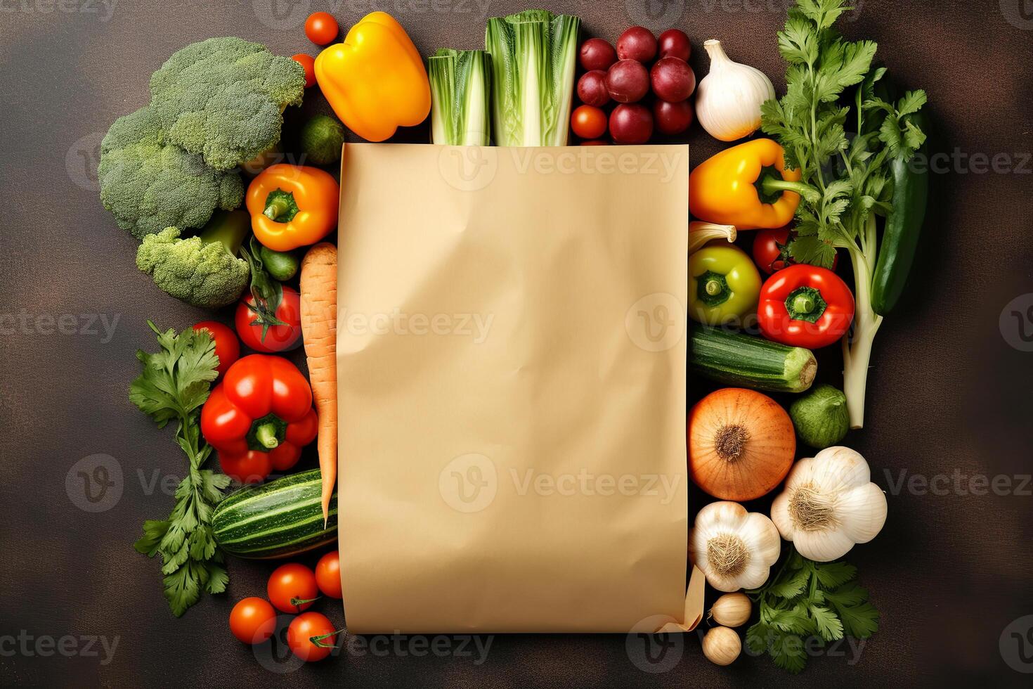Paper bag with different vegetables top view, free space for text. Empty sheet of kraft paper photo