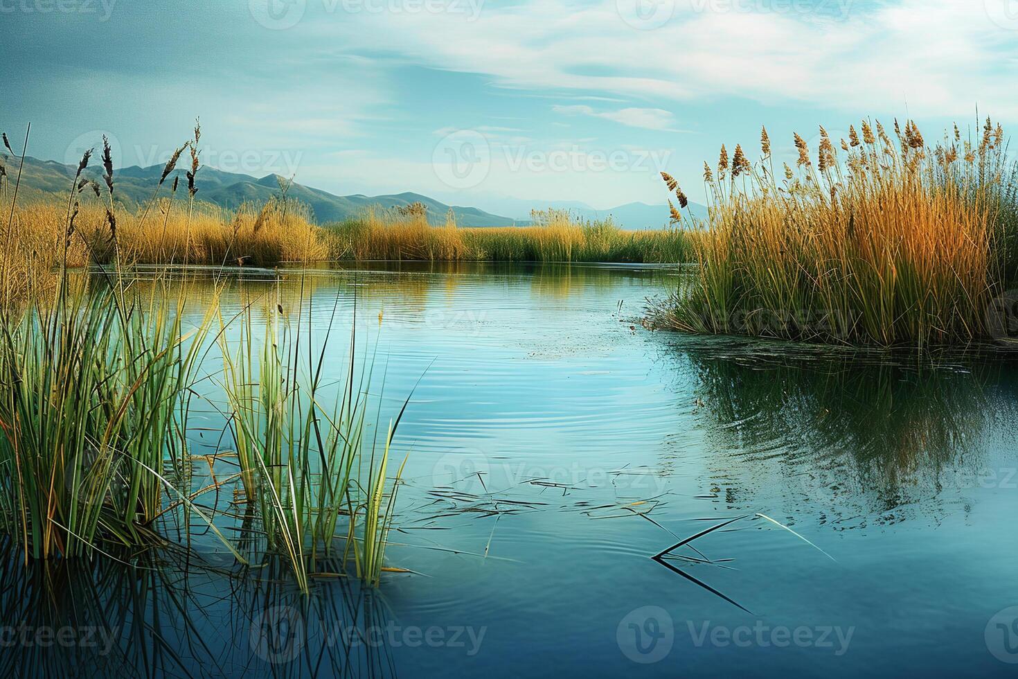 Autumn landscape with pond and reeds on background of hills and blue sky photo