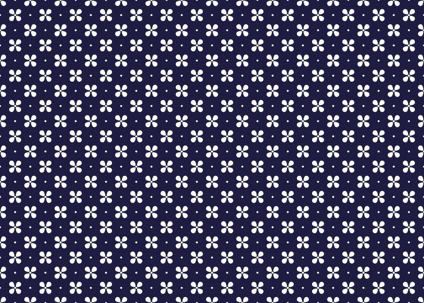 White symbol flowers on dark blue background, ethnic fabric seamless pattern design for cloth, carpet, batik, wallpaper, wrapping etc. vector