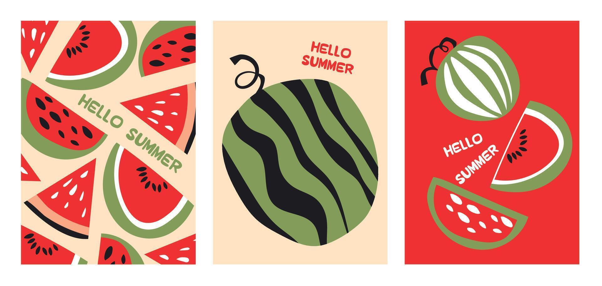 Summer poster watermelon set in flat style. Fruits bright compositions. Set of flyers, posters, banners, placards, brochure design. Hello Summer backgrounds with slices of fruits. vector
