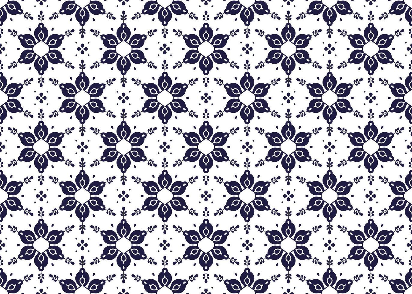 Symbol dark blue flowers on white background, ethnic fabric seamless pattern design for cloth, carpet, batik, wallpaper, wrapping etc. vector