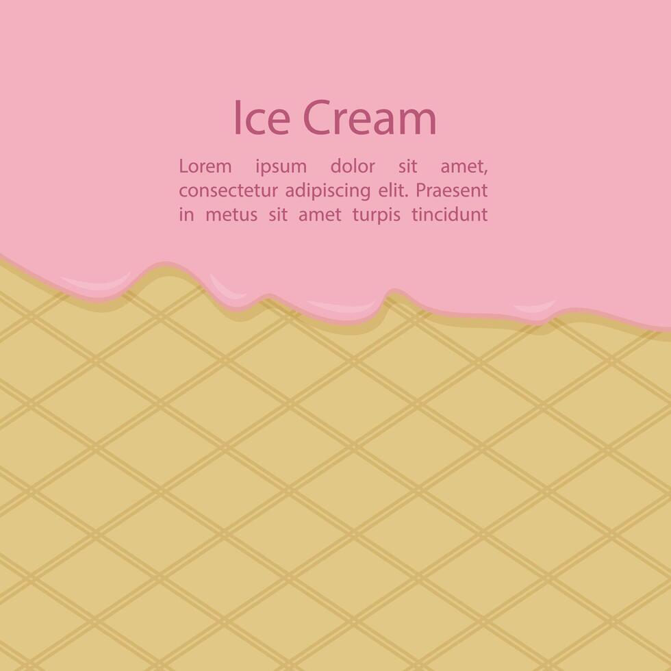 strawberry, pink ice cream melted on a waffle cone. Background, background in the form of ice cream. vector