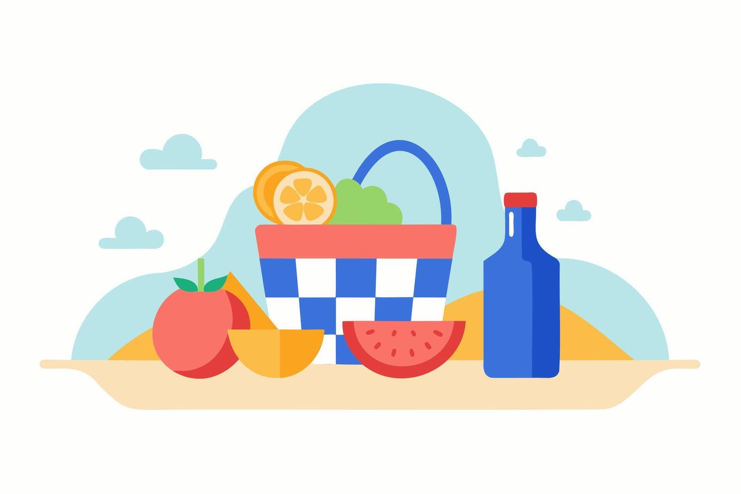 Picnic setup with food and drink on a sunny beach. Isolated on white background. Concept of summer, leisure, outdoor dining, and relaxation. Graphic illustration vector