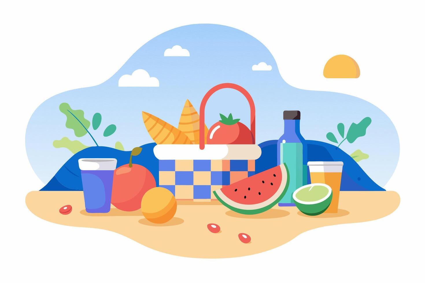 Picnic setup with food and drink on a sunny beach. Isolated on white background. Concept of summer, leisure, outdoor dining, and relaxation. Graphic illustration vector