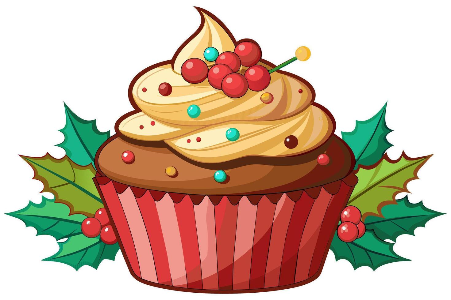 Colorful Christmas cupcake with festive decoration isolated on white background. Graphic illustration. Concept of Christmas baking, festive desserts, New Year pastry. Print, design element vector