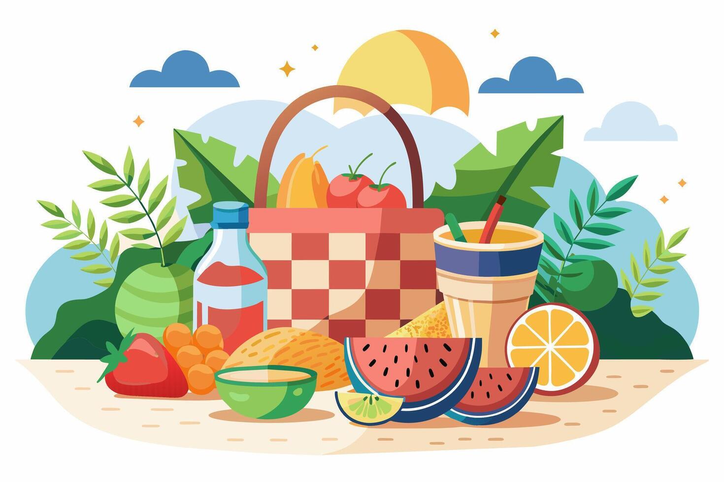 Picnic setup with food and drink on a sunny beach. Isolated on white background. Concept of summer, leisure, outdoor dining, and relaxation. Graphic illustration vector